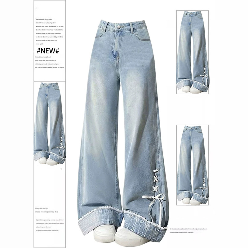Women's Butterfly-Tie Design Sweet and Cool Cuffed Jeans, New Spring Style, Loose Fit, Slimming Straight Wide-Leg Long Pants Women's Butterfly-Tie Design Sweet and Cool Cuffed Jeans, New Spring Style, Loose Fit, Slimming Straight Wide-Leg Long Pants
