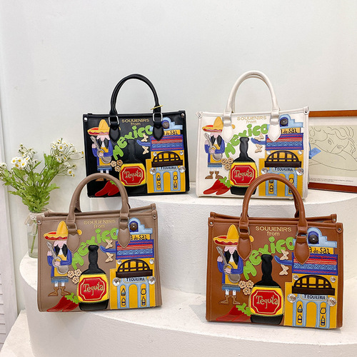 Large-capacity bag women's new retro portable crossbody tote bag niche embroidered graffiti Mexican style shoulder bag