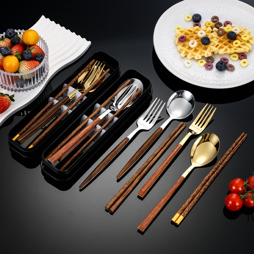 Stainless steel portable cutlery set of fork, spoon, and chopsticks - Portuguese set gift box, gift for students