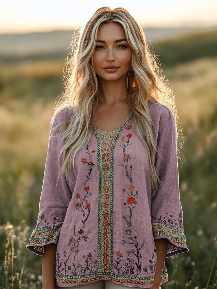 3D Printed Women's Round Neck Long Sleeve Vintage Bohemian Top_ecoleips.com