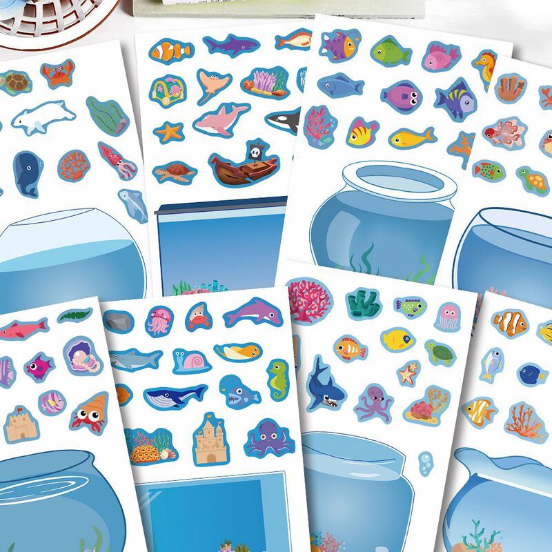 24 Large Sheets of Fish Tank Collage, Small Fish Put into the Fish Tank, Fun Educational Handmade Games for Children, Collage Stickers, Self-Adhesive