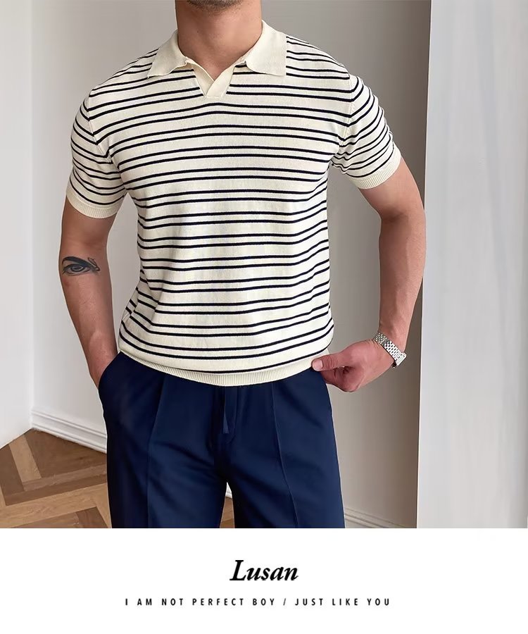 245g Weight Short Sleeve Sleeve Length Regular Sleeve Sleeve Type Polyester Fabric Type Regular Top Length Casual Occasion Turndown Neckline Slim Fit Type Stripe Pattern Summer, Spring Season Men's Gender Classic Style Style 3XL, M Size Wholesale Men's Polyester Classic Style Stripe Short Sleeve Men's T-shirt 无
