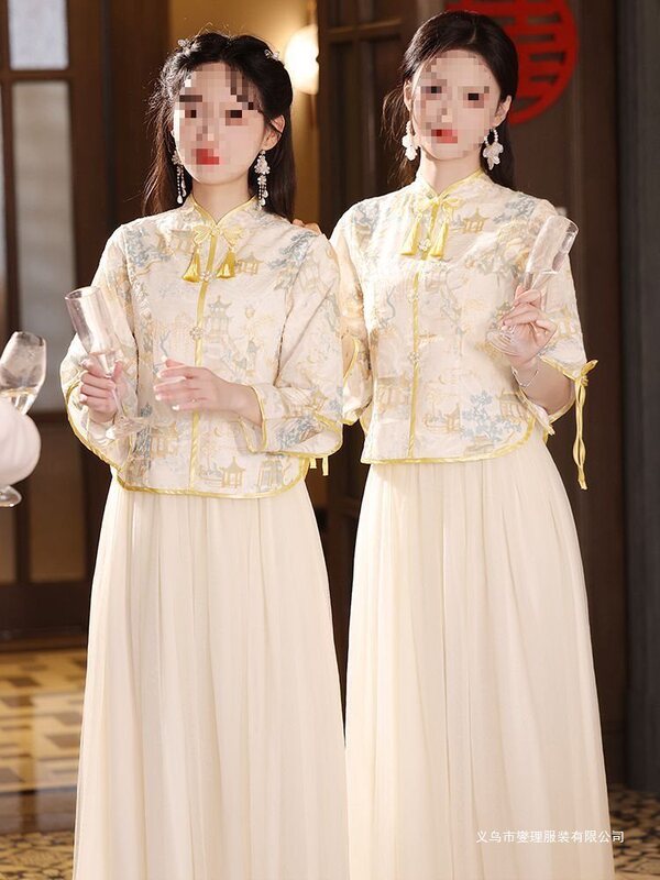 New Chinese Style Bridesmaid Dress Two-Piece Set 2024 Autumn and Winter Style Sister Group Young Petite Simple Dress