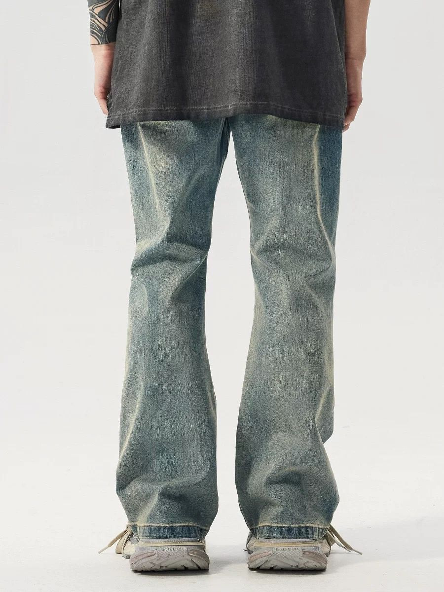 American Old Worn Jeans Men's Loose And Slightly High Street Line Design Style Pants_mkmklike.com