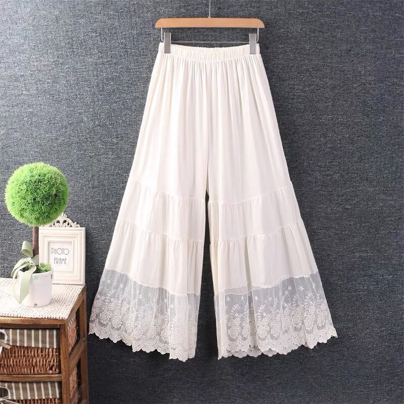 Japanese-Style Lace Trim Wide-Leg Pants for Women, Summer Design, Unique Patchwork, Loose Straight-Leg Casual Inner Wear, Leggings, Skirt