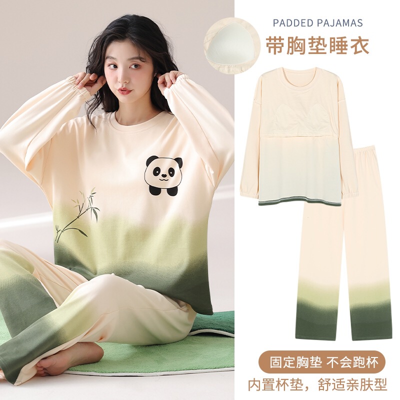 Ready Stock Headband Breast Pad Pajamas for Women Spring and Autum Pure Cotton Cartoon Cute Long-Sleeved Pants Home Clothes Two-Piece Set