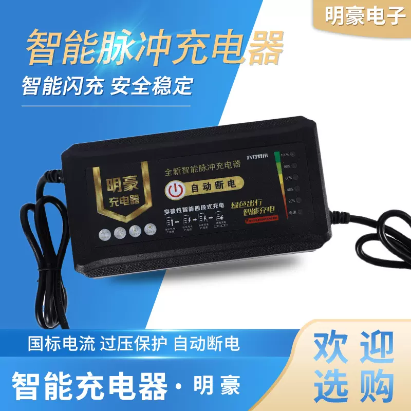 铅酸电池充电器电瓶车24v48v60v72v明豪六灯显示电量电动车充电器