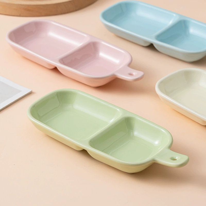 Керамическое разделённое блюдо, соусник, тарелка для приправ, керамическая тарелка для закусок, маленькое блюдо для горячего горшка с ручкой
