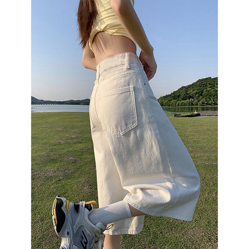 White Denim Shorts for Women, Summer Thin High-Waisted Slimming Loose Plus-Size Wide-Leg 7/8 Length Pants