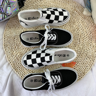 Chessboard large Plaid slip-on platform canvas shoes women's Korean-style high-rise casual loafers for students INS fashion shoes