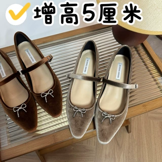法式尖头内增高浅口单鞋女2024秋新款绒面蝴蝶结一字带玛丽珍鞋女