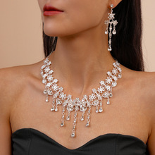 两件套欧美镶钻花朵水滴流苏锁骨链复古小众气质高级金属感项链女