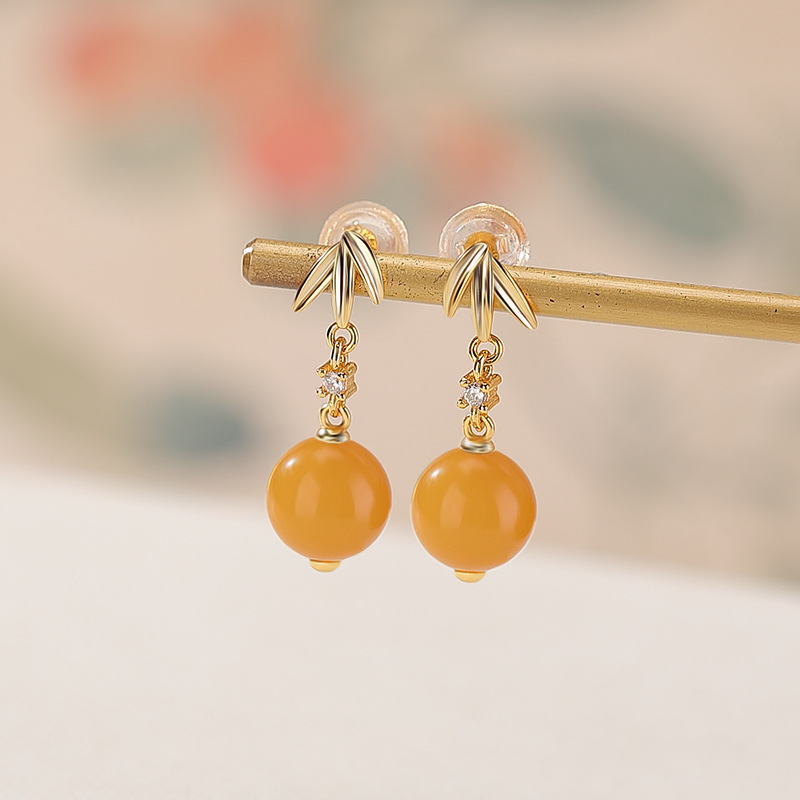 Bông tai nữ bạc S925 mạ vàng đính đá sodalite hình lá tre tròn — Mẫu sapphire