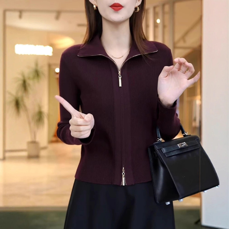 Double Zipper Lapel Long-Sleeved Knitted Cardigan Jacket 2025 New Autum Large Size Fat mm Fashionable Top