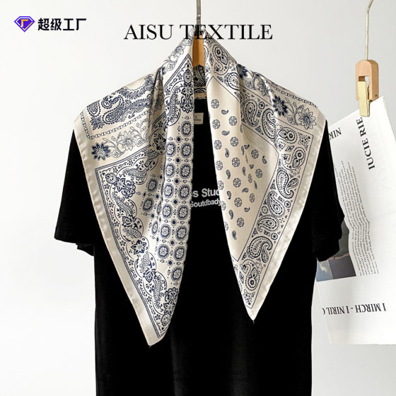 Cross-border new high-grade silk scarf women's retro 4-square black and white cashew nut printed scarf small square scarf with scarf