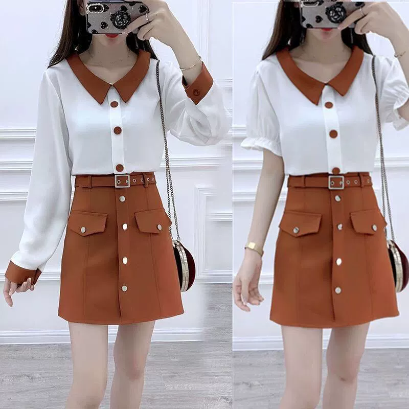 Новый стильный элегантный комплект одежды 2024 года для весны и осени: блузка с длинным рукавом и юбка из шифона с цветовыми блоками, двухкомпонентный набор для женщин, изящный и элегантный.