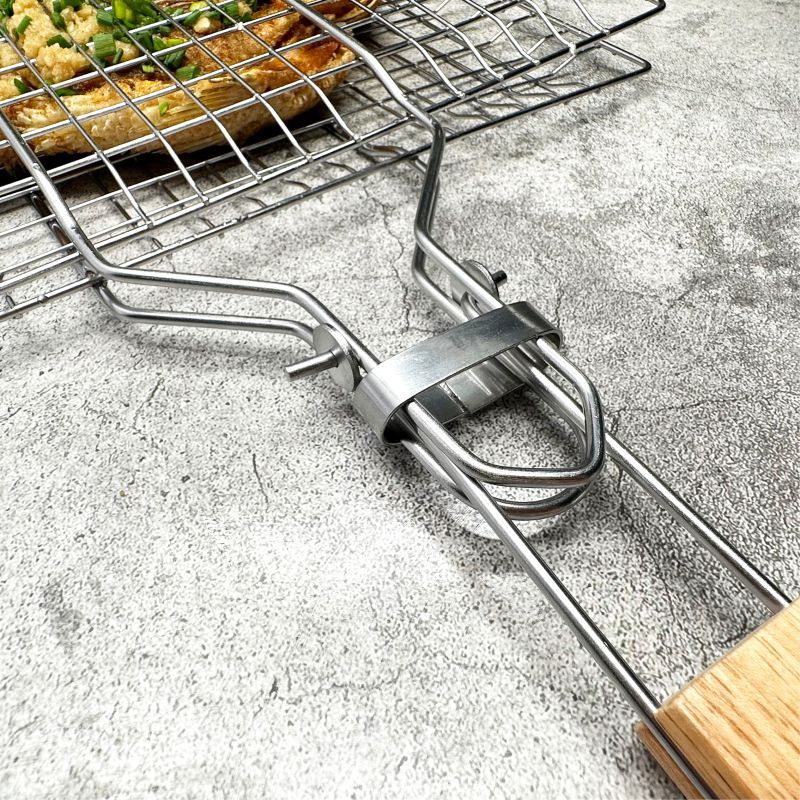 Barbacoa de acero inoxidable BBQ transfronteriza, mango plegable para exteriores, rejilla para hornear, rejilla para barbacoa, rejilla para pescado a la parrilla cuadrada, clip para salchicha