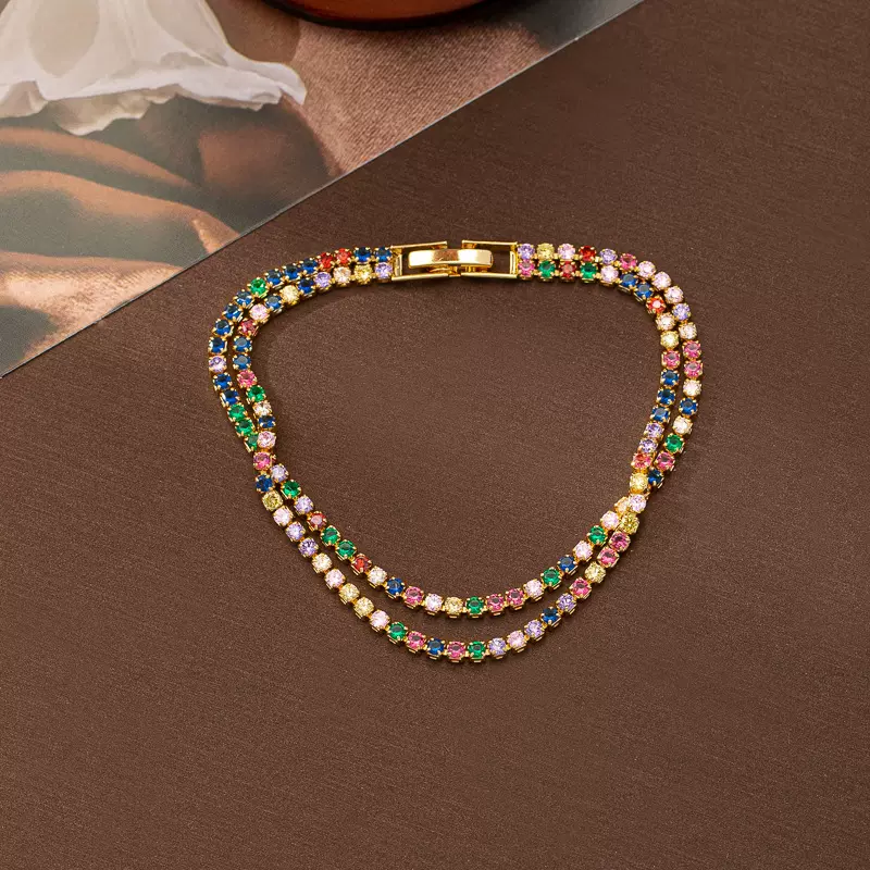 真金电镀小众设计彩钻双层手链女法式简约多巴胺气质百搭闺蜜手饰