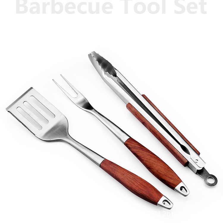 Fábrica de suministro de herramientas de barbacoa de acero inoxidable combinación de herramientas de barbacoa al aire libre multi-combinación de tres piezas mango de madera