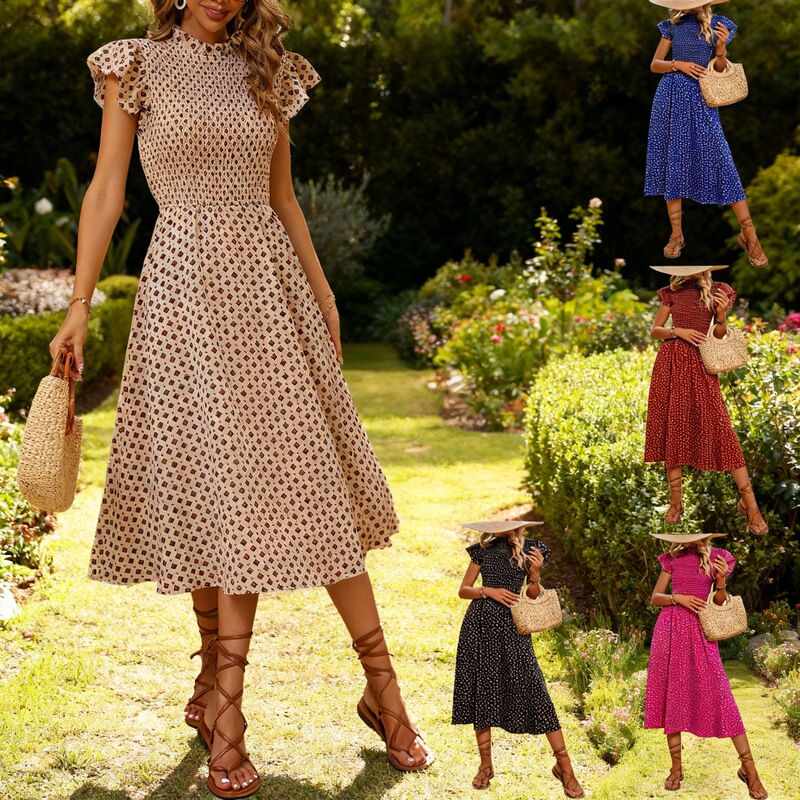 Cross-Border European and American Summer New Polka-Dot Round Neck Short-Sleeved Dress, Long Skirt, Loose, Comfortable, Casual and Slimming Design