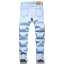 2024跨境供应新款弹力膝盖破洞贴布个性点漆牛仔裤男男士欧美裤子