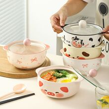 一件代发陶瓷泡面双耳家用釉下彩带盖面碗带勺子宿舍嗦粉碗商用餐