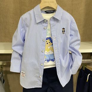 in stock Spring Children's Pure Cotton Striped Shirt Men's Treasure Casual Long Sleeve Top Boy's Shirt Lapel Bear Children's Wear