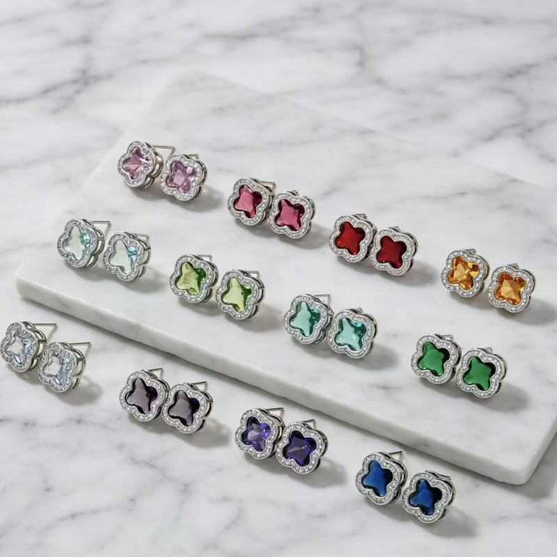Cross-Border Multi-Color Four-Leaf Flower Earrings for Women, Light Luxury Style, 2023 High-End Fashion Earrings, Jewelry Wholesale