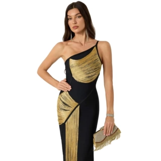 跨境热卖女装黑色斜肩绷带连衣裙无袖流苏礼服绷带裙bandag dress