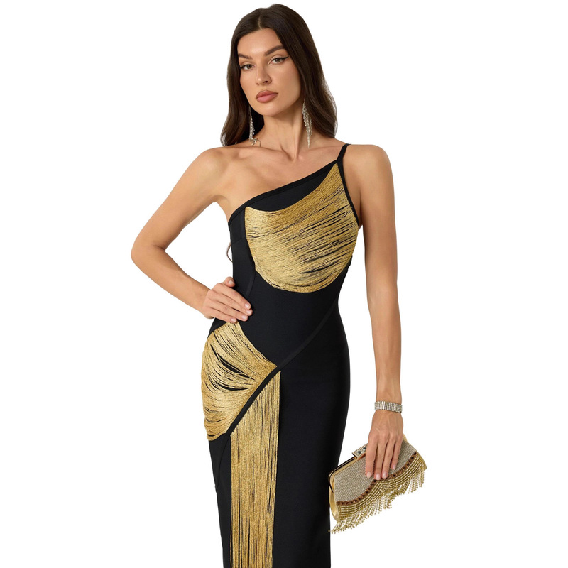 Cross-Border Hot Selling Women's Black Slanted Shoulder Bandage Dress Sleeveless Tassel Dress Bandage Skirt Bandag Dress