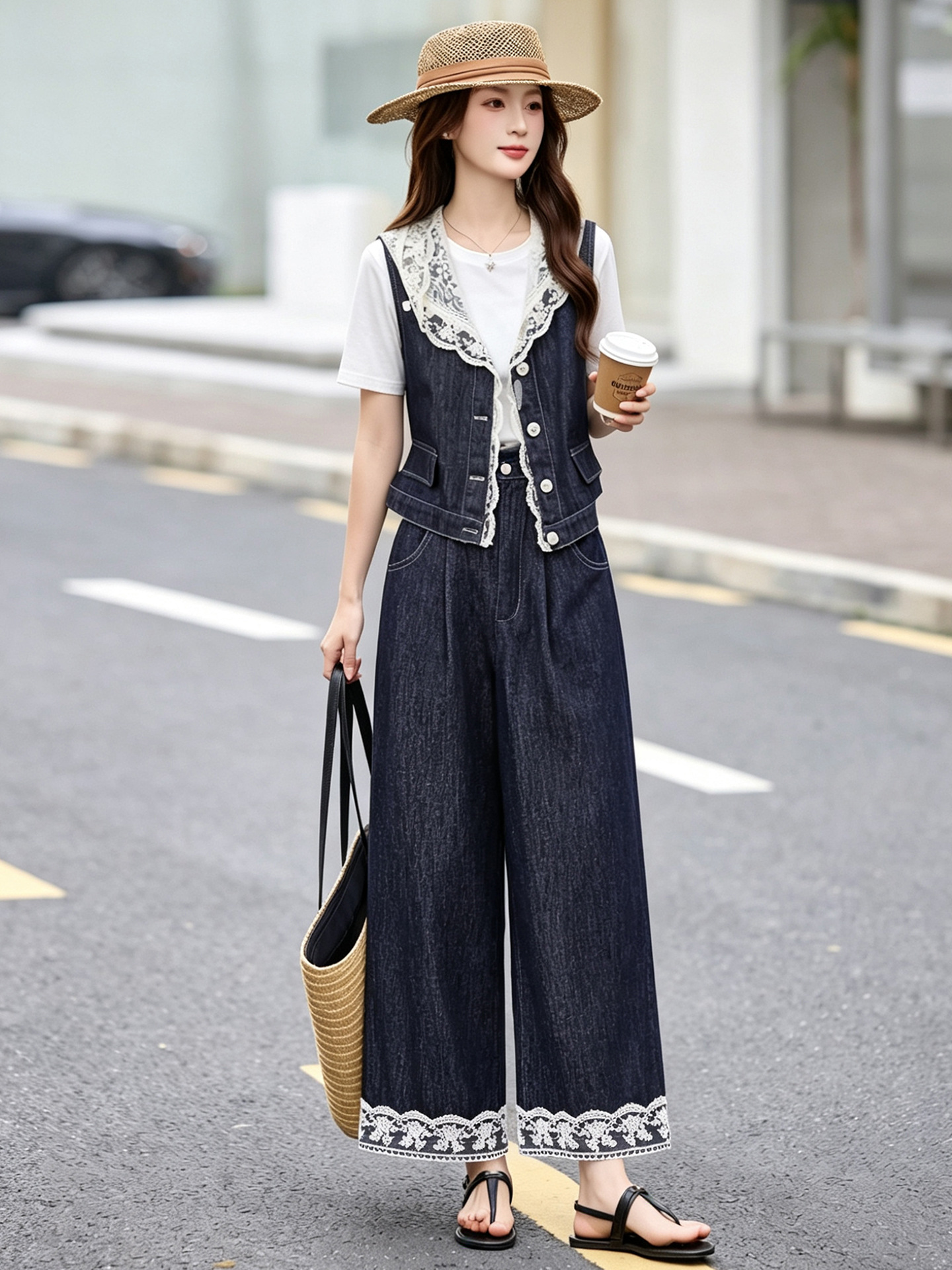 Bộ ba mảnh denim mùa hè 2026: áo khoác không tay mũ liền ren + áo thun + quần ống suông — Màu ảnh