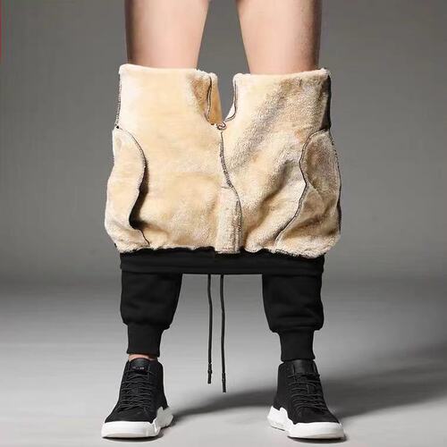 Warm and Thick Fleece Lined Men's Casual Long Pants for Autumn and Winter, Lamb Wool Outerwear, Drawstring, Plus Size Sport Pants Trendy
