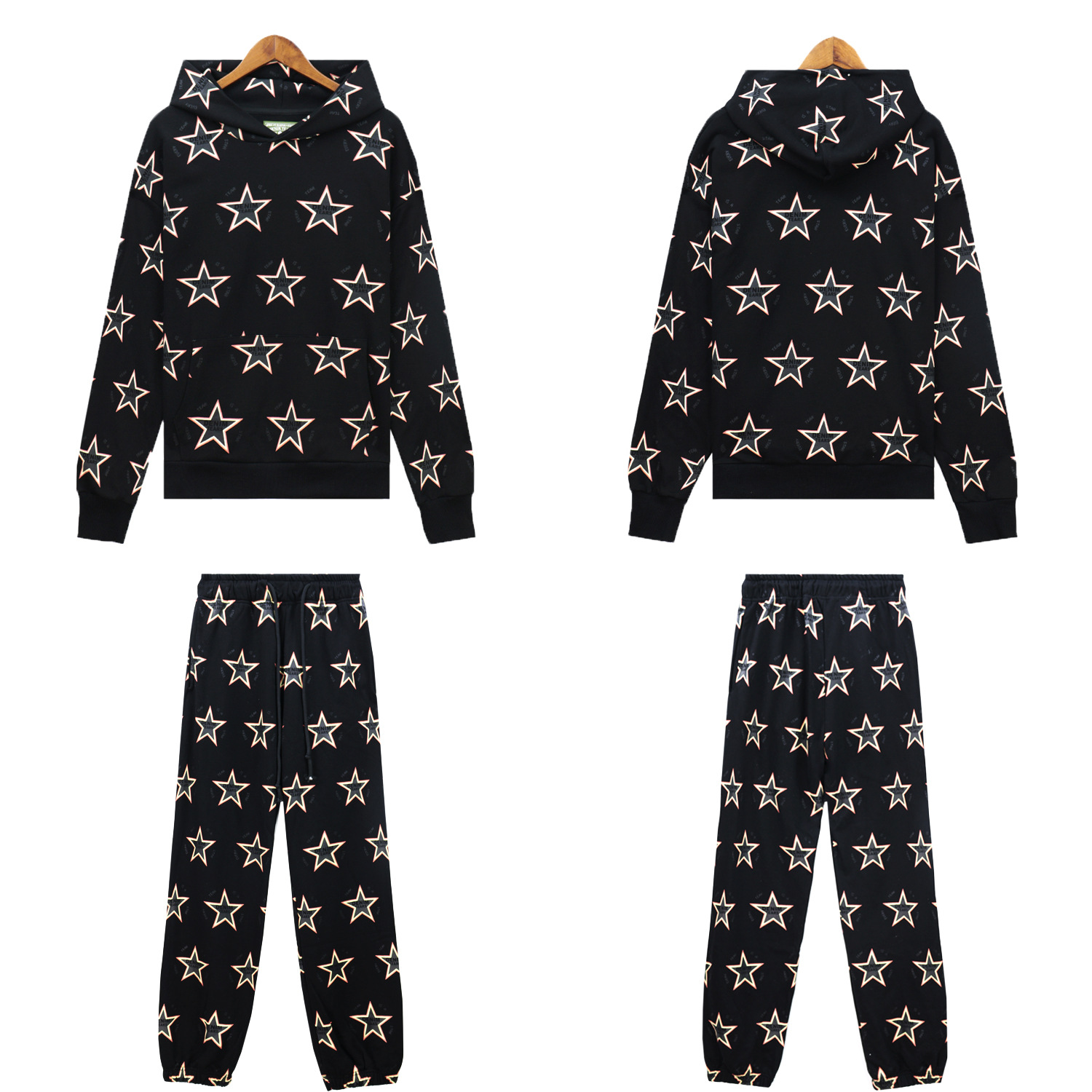 Men's Clothing fashion brand D.T Kapok full print five pointed star hooded sweatshirt trousers men and women sports suit_voghion.com