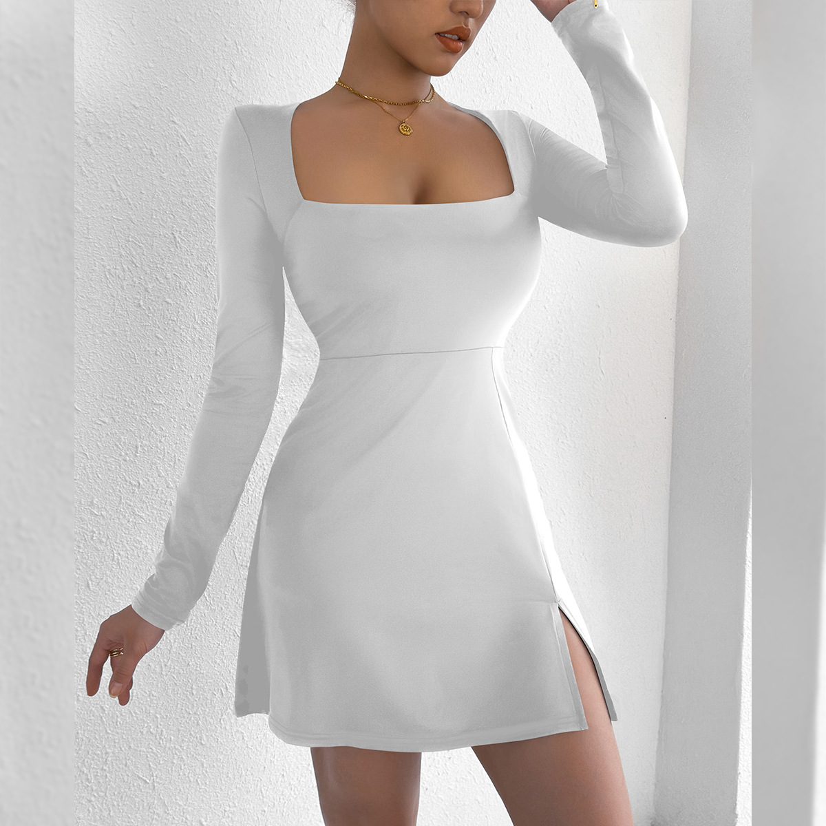 Women's Square Neck Long Sleeve Mini Dress American Style Tight Fit Sexy Fashion Casual Elegant Design For Summer_ecoleips.com