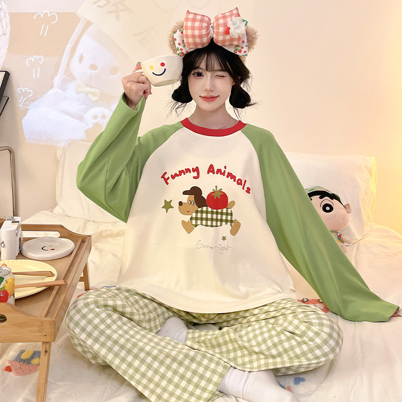 卡通宽松新款睡衣女秋可外穿可爱百搭圆领针织仿棉秋冬家居服套装|undefined