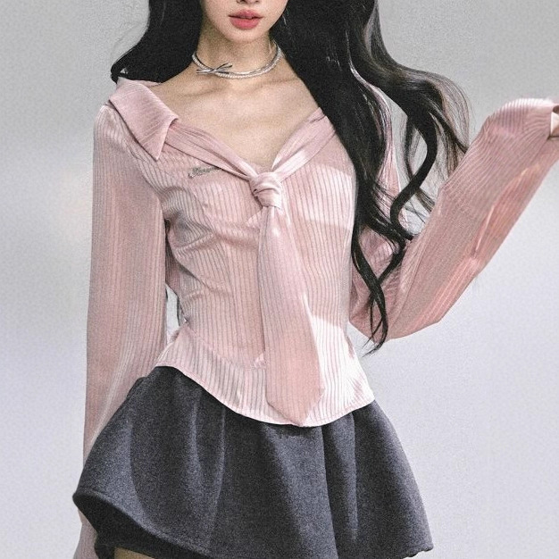 Fashionable French Polo Collar Striped Shirt for Women, Slimming and Sweet Top for Autumn