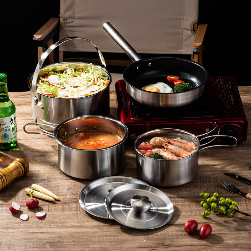 Utensilios de cocina plegables de acero inoxidable 304 para exteriores, juego de anidación, camping, picnic, decocción, olla al aire libre integrada, suministros portátiles