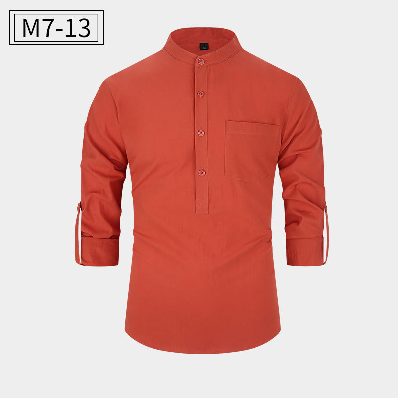 Amazon tamaño europeo camisa de los hombres algodón Henley camisa soporte collar camisa Lino los hombres manga larga fábrica directa en stock camisa