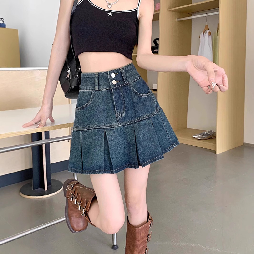 韩版高腰百褶牛仔半身裙女夏季遮肚显瘦设计感小众a字短裙子