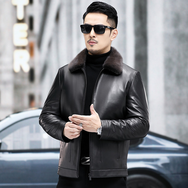Haining Leather Men's Genuine Leather Jacket Mink Liner Short Mink Lapel Sheepskin Autumn and Winter Thick Jacket New
