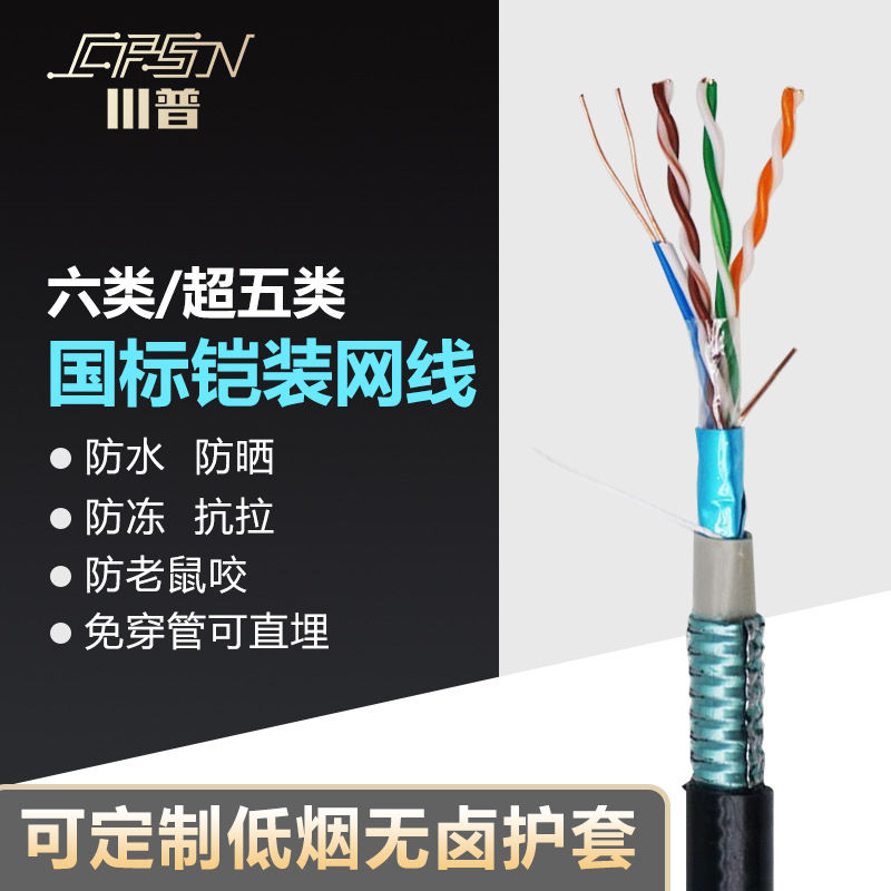 国标铠装六类网线屏蔽可直埋低烟无卤LSZH-UTP/FTP CAT5E6A防鼠咬
