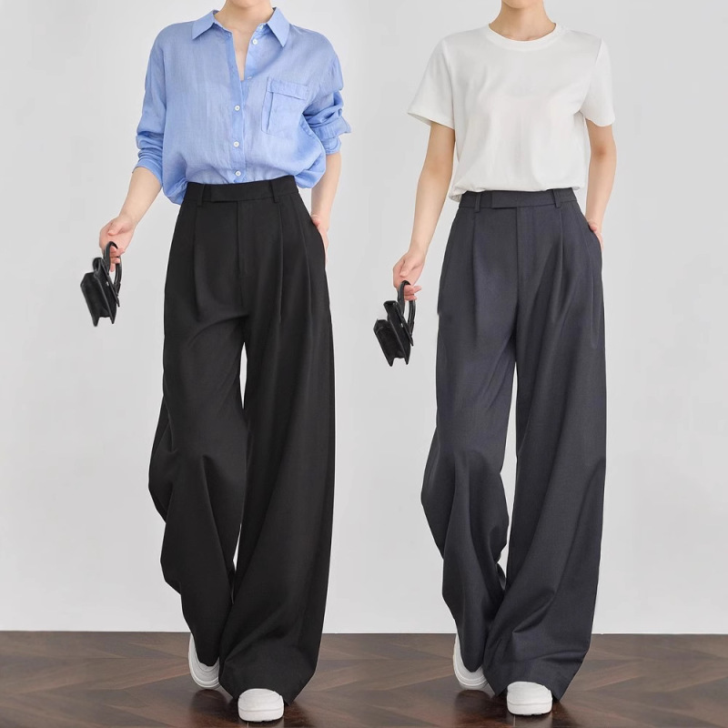 In-Stock Black High-Waisted Suit Pants for Women, Summer Extended Length, Drapey Casual Wide-Leg Pants