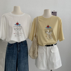 Omalai スノーフレークコットンレースリボンストラップケーキプリント Tシャツルーズラウンドネック半袖トップ女性用 4138
