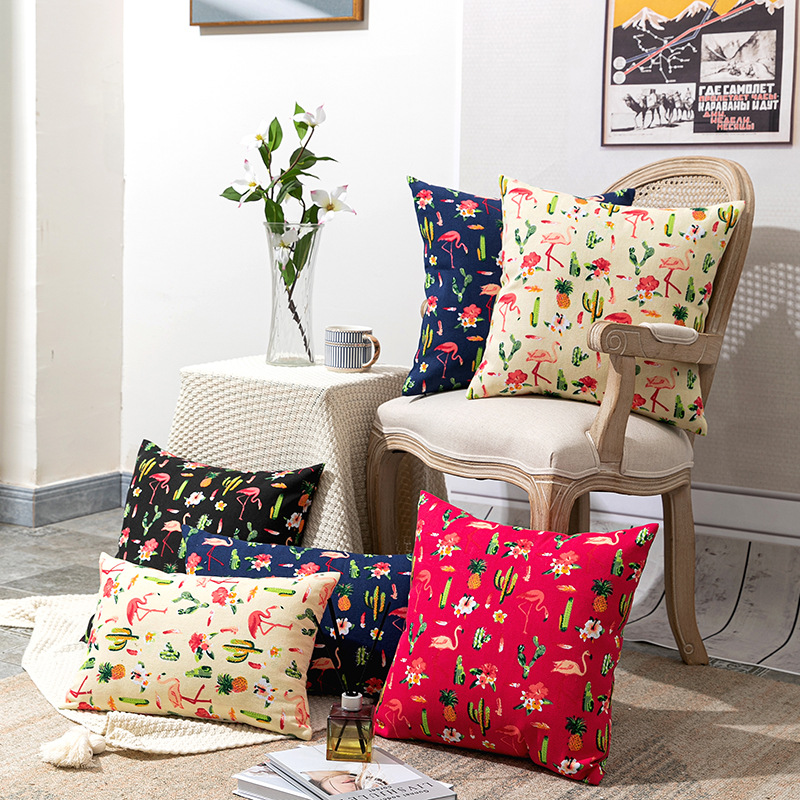 Nouveau coussin de chevet de chambre modèle d'hôtel chinois imprimé recto verso en forme de cactus flamant rose_voghion.com