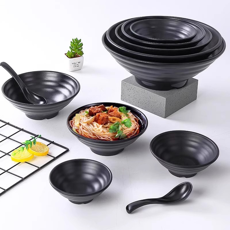 Tacos de fideos comerciales de melamina de porcelana negra japonesa de plástico arroz de sopa de fideos de sopa de arroz de lino de sopa de fideos de salón de fideos de tazón especial