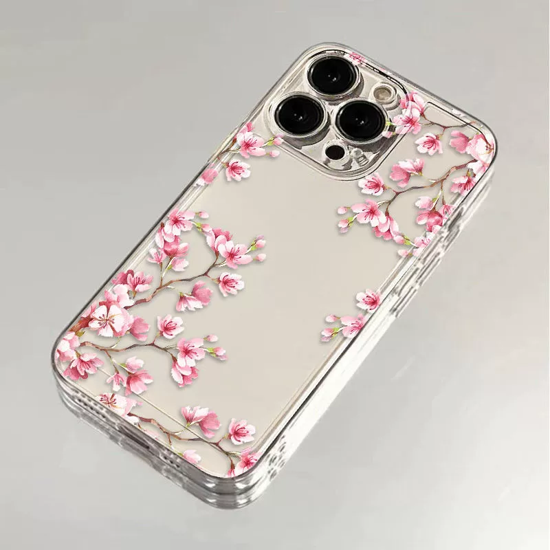 Чехол для телефона (Apple iPhone 7–17 Pro Max) фуксия цветок сакуры, прозрачные вырезы точной подгонки