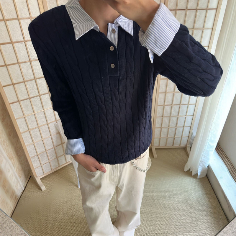 假两件拼接条纹毛衣男高级感老钱风麻花纹Polo毛衣cleanfit针织衫|undefined
