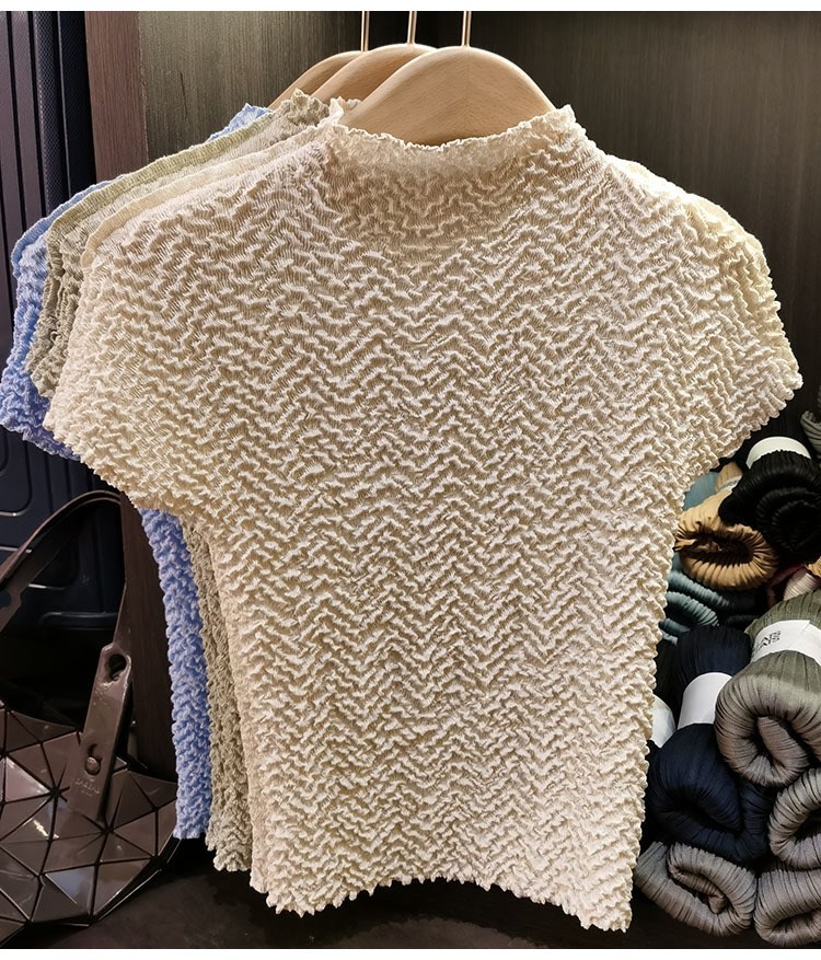 Áo thun nữ cổ tròn tay ngắn họa tiết dứa jacquard xếp ly mùa hè — Màu xanh lam nhạt, Màu xanh lục nhạt, Màu đen, Màu trắng be chi tiết 5