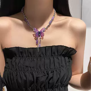 紫色透明水晶蝴蝶多节链条流苏长款毛衣链甜酷可爱小众锁骨链项链