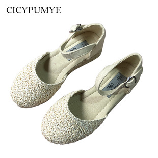 Foreign Trade Processing Kidsren's Characteristic Raffia Woven Shoes Thick-Soled Wedge-Heeled Girls' Sandals 2025 New Kidsren's Sandals